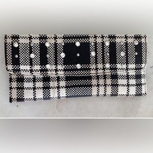 Vintage Banana Republic Clutch Black White Beige Plaids Rhinestones Snap Closure